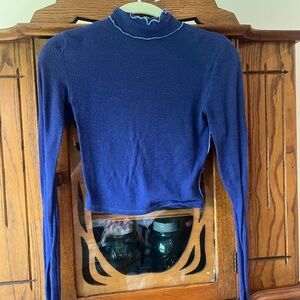 Blue Ribbed Longsleeve Cropped Shirt